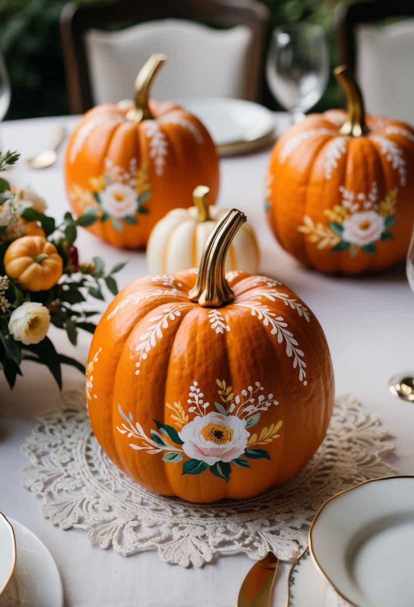 A festive pumpkin wedding centerpiece with intricate painted designs and delicate floral accents