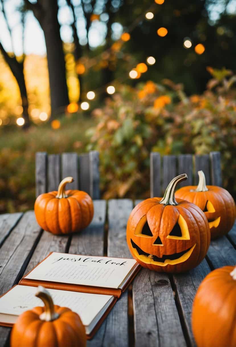 A rustic wooden table with carved pumpkin guest book alternatives and autumn-themed decor