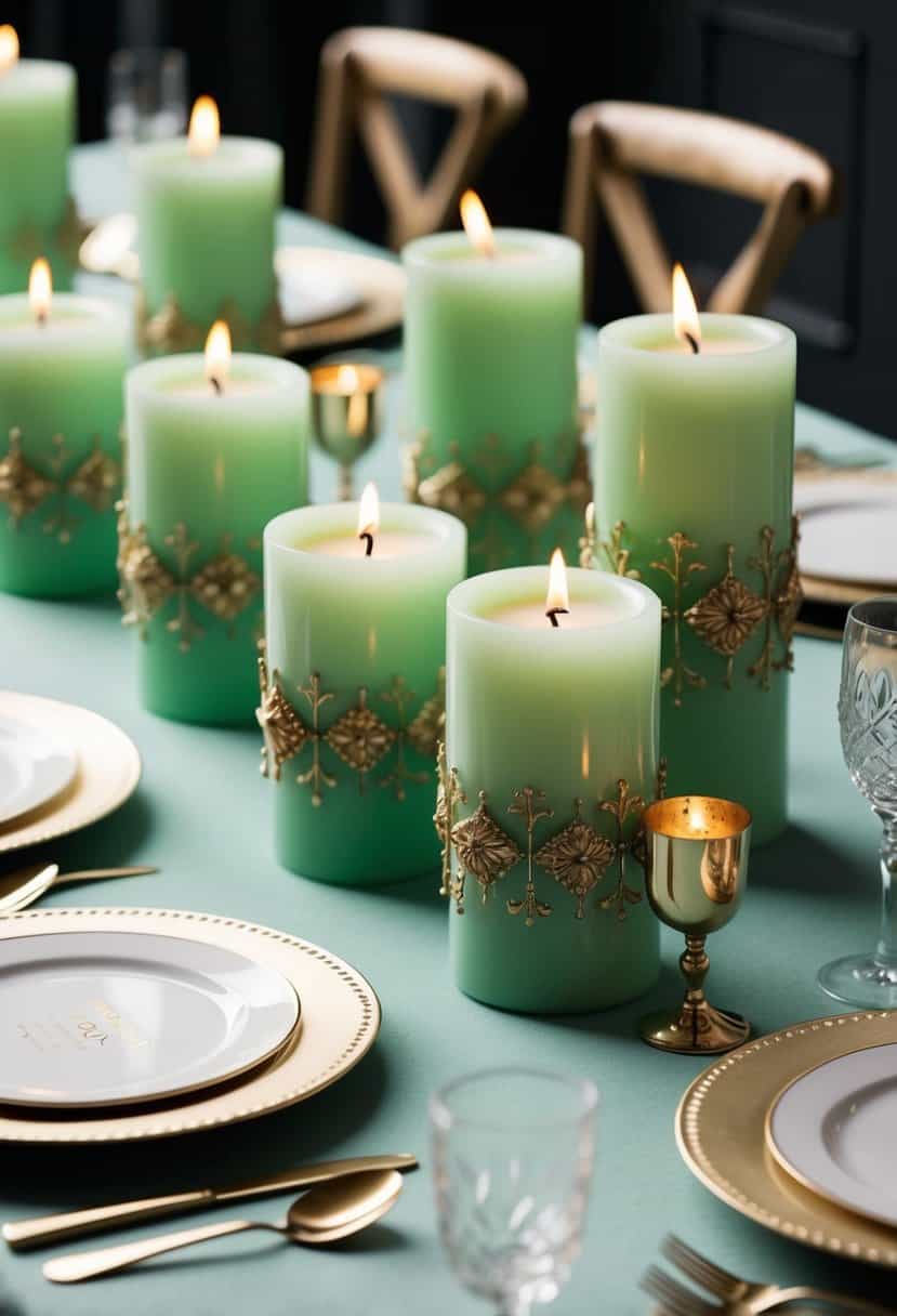A table adorned with mint green candles, each intricately detailed with gold accents, creating an elegant and romantic ambiance