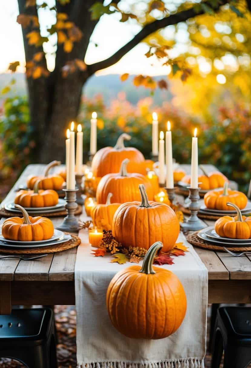 A rustic table adorned with a pumpkin-infused table runner, surrounded by autumn foliage and candlelight