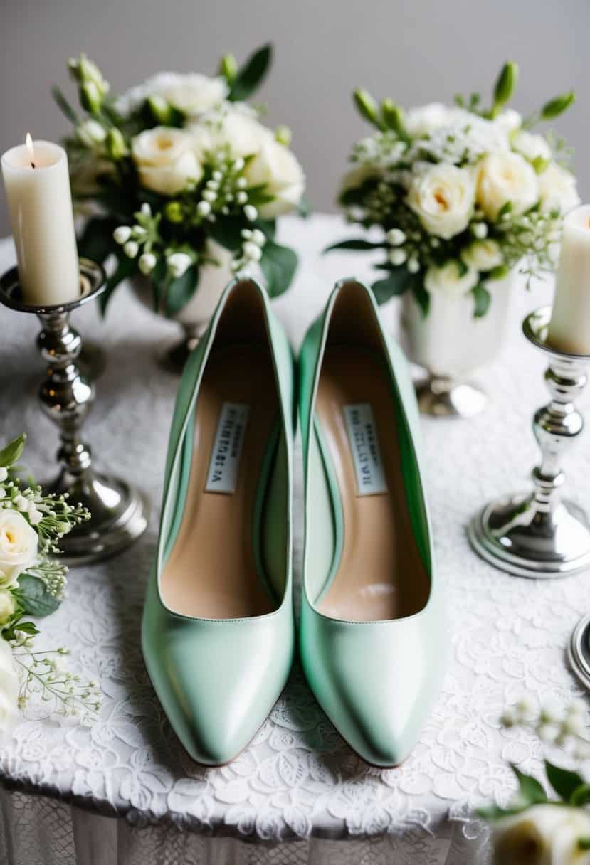 A pair of mint green wedding shoes placed on a white lace tablecloth, surrounded by delicate floral arrangements and silver candle holders