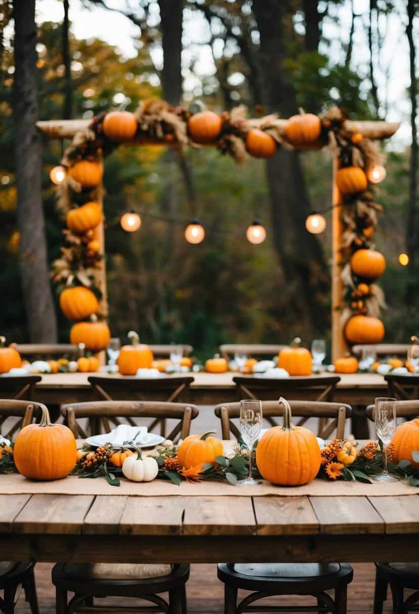 A rustic wedding scene with pumpkin garland adorning the wooden archway and tables. Cozy autumn vibes with warm lighting and natural elements
