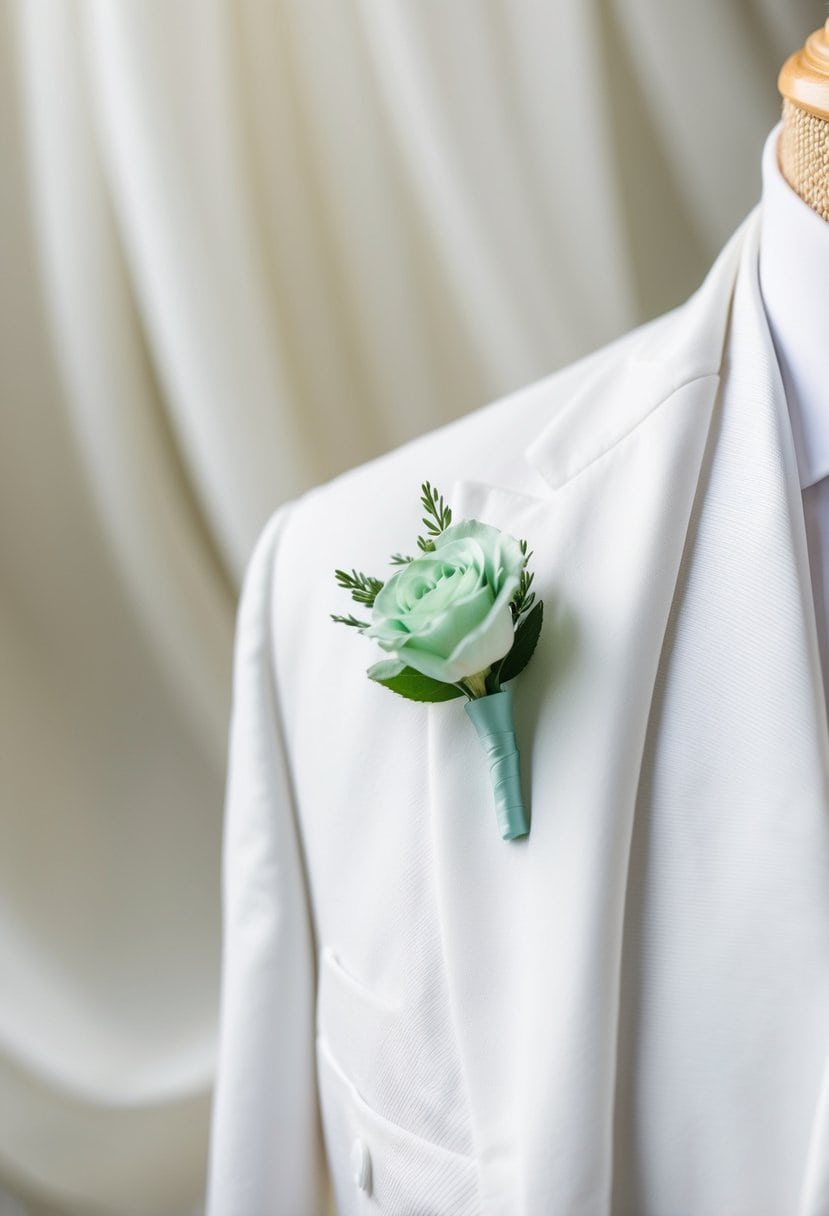 A crisp white suit jacket lapel adorned with a delicate mint green boutonnière, set against a background of soft, flowing white fabric