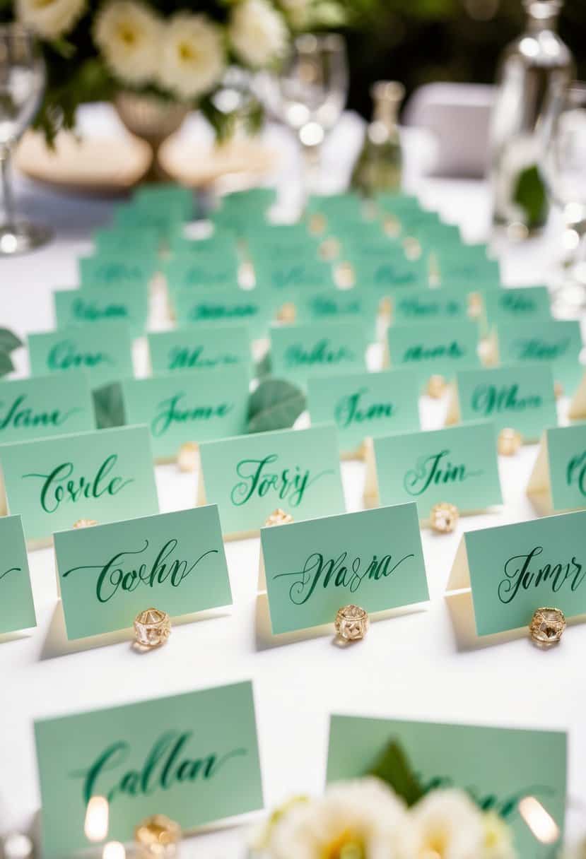Mint green calligraphy on place cards arranged in a decorative display for a wedding reception