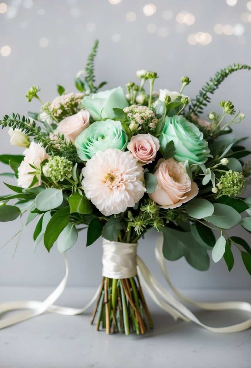 A lush bridal bouquet featuring mint and blush flowers, accented with greenery and tied with a delicate ribbon