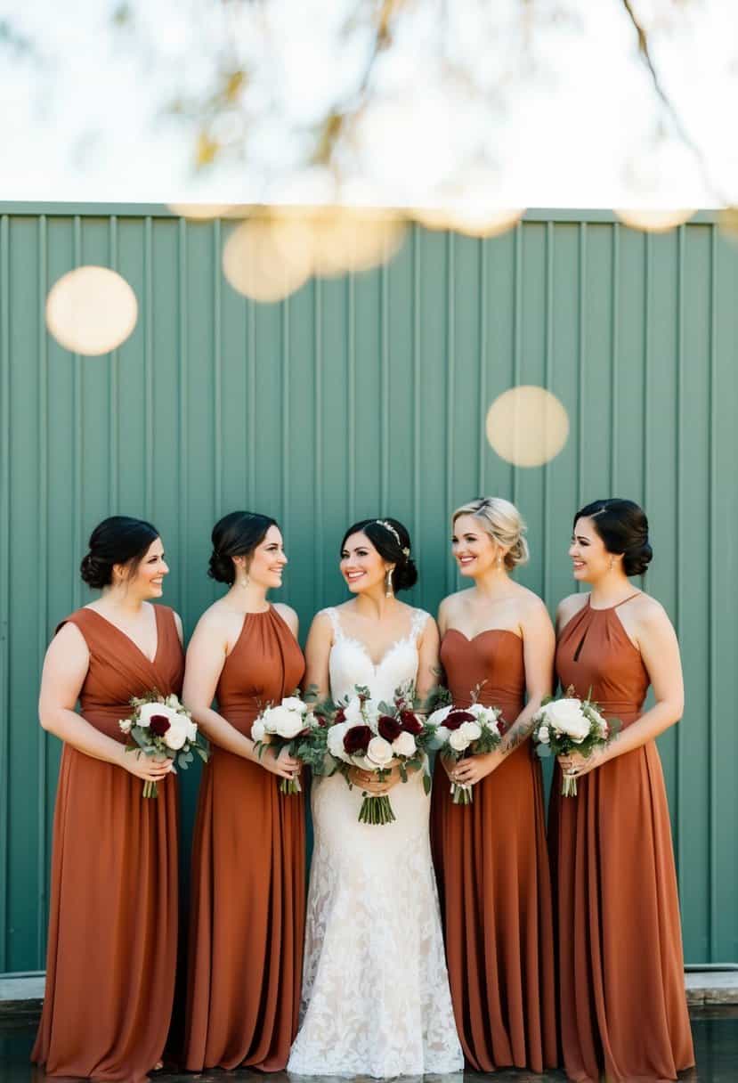 Terracotta bridesmaids dresses against a sage backdrop