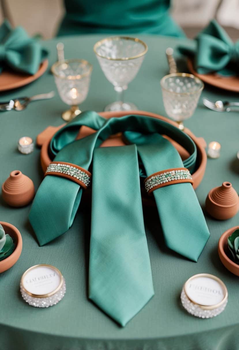 Sage green ties laid out with terracotta accents, surrounded by sage green wedding decor