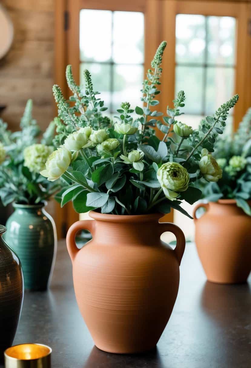 A terracotta vase filled with sage-colored flowers sits on a table, surrounded by matching decor