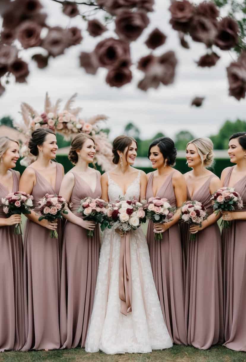 A group of dusty rose bridesmaid dresses arranged in a row, surrounded by mauve and dusty pink flowers and decor