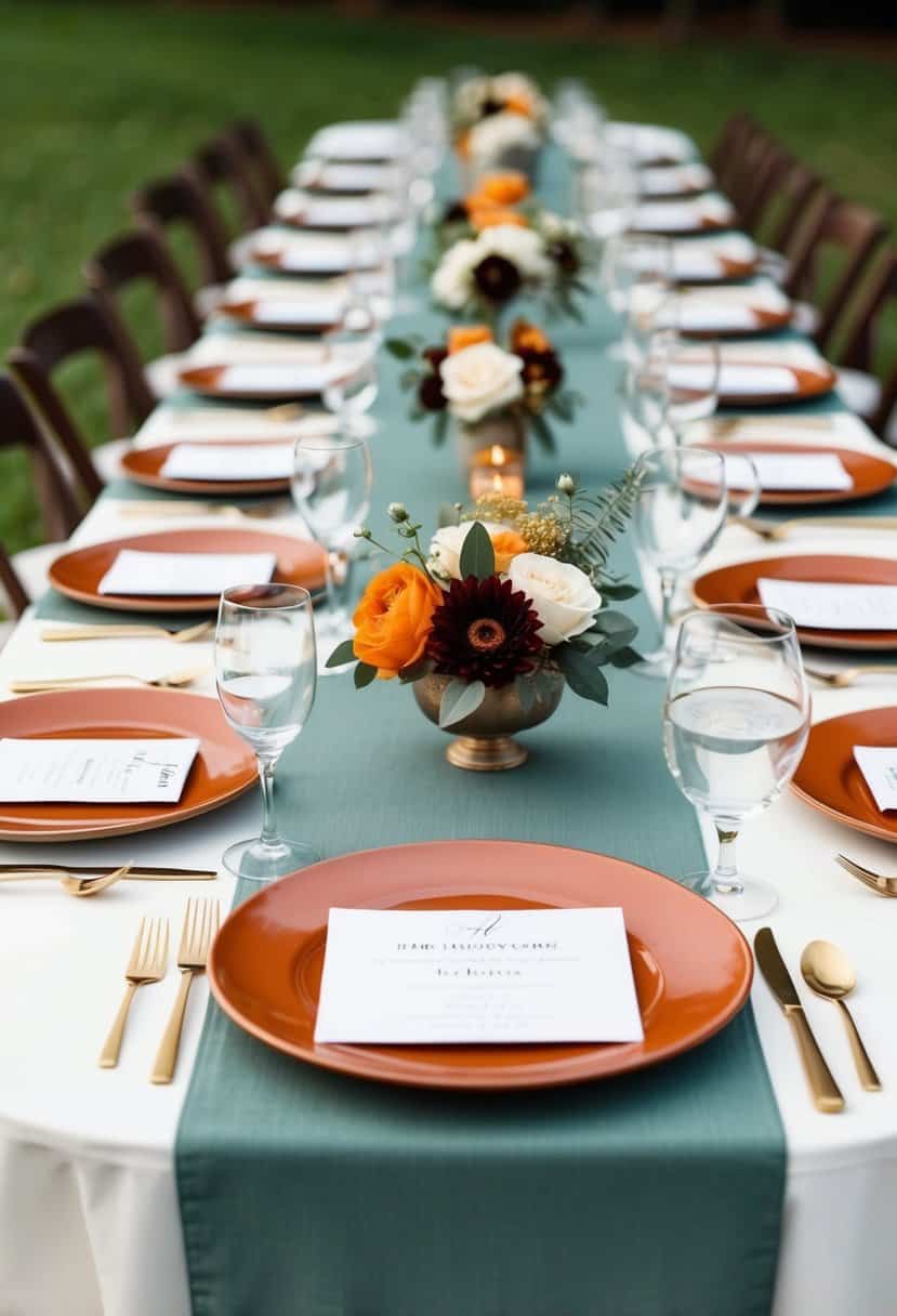 A table set with terracotta and sage table runners for a wedding