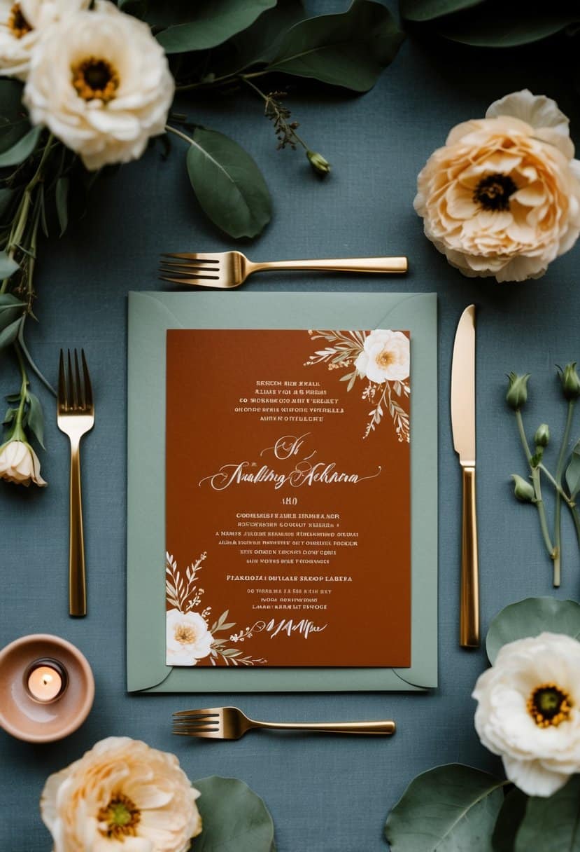 A terracotta and sage wedding invitation suite with floral motifs and elegant calligraphy