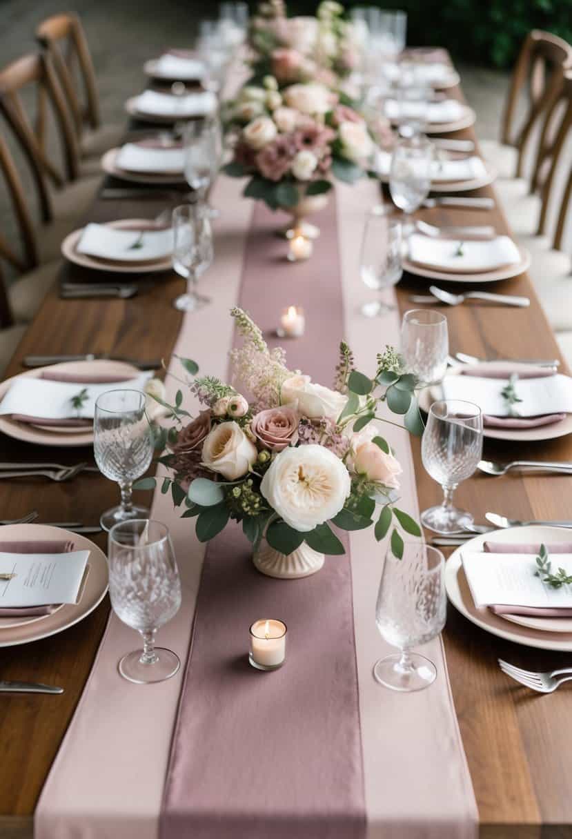 A table set with dusty pink and mauve table runners, adorned with floral centerpieces and delicate place settings