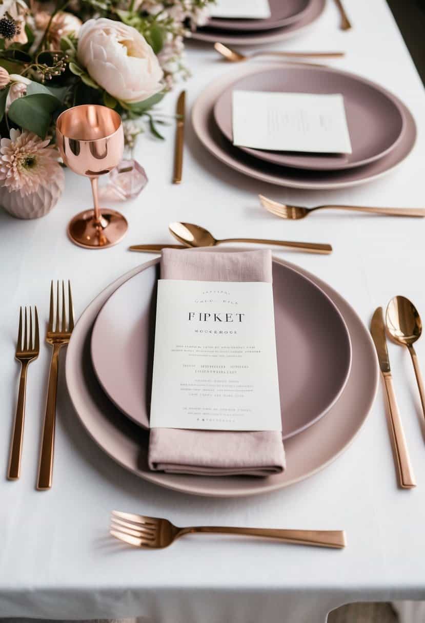 A table set with rose gold cutlery, dusty pink and mauve plates, and delicate floral accents