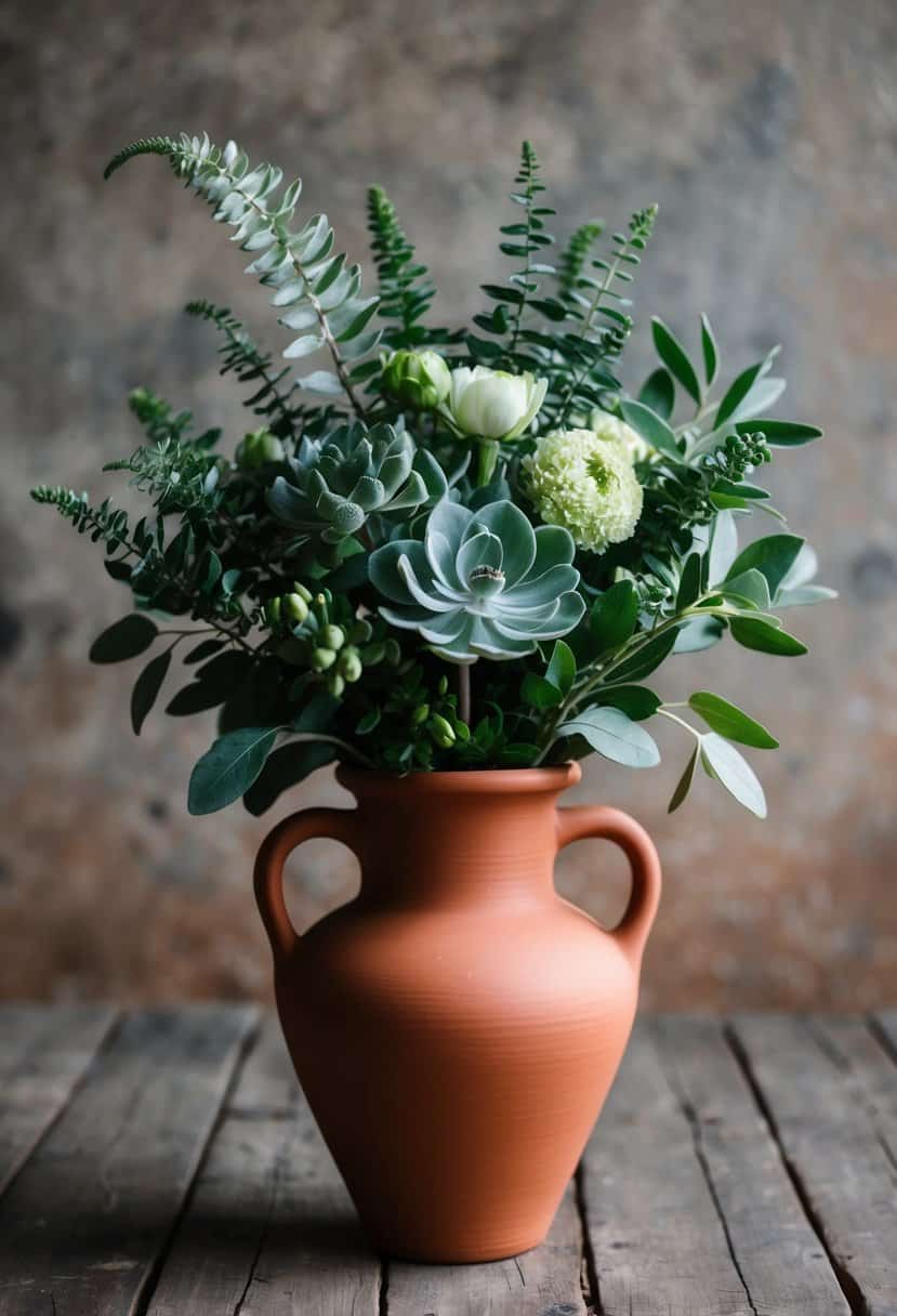 A terracotta vase holds a bouquet of sage green foliage and flowers, set against a rustic backdrop