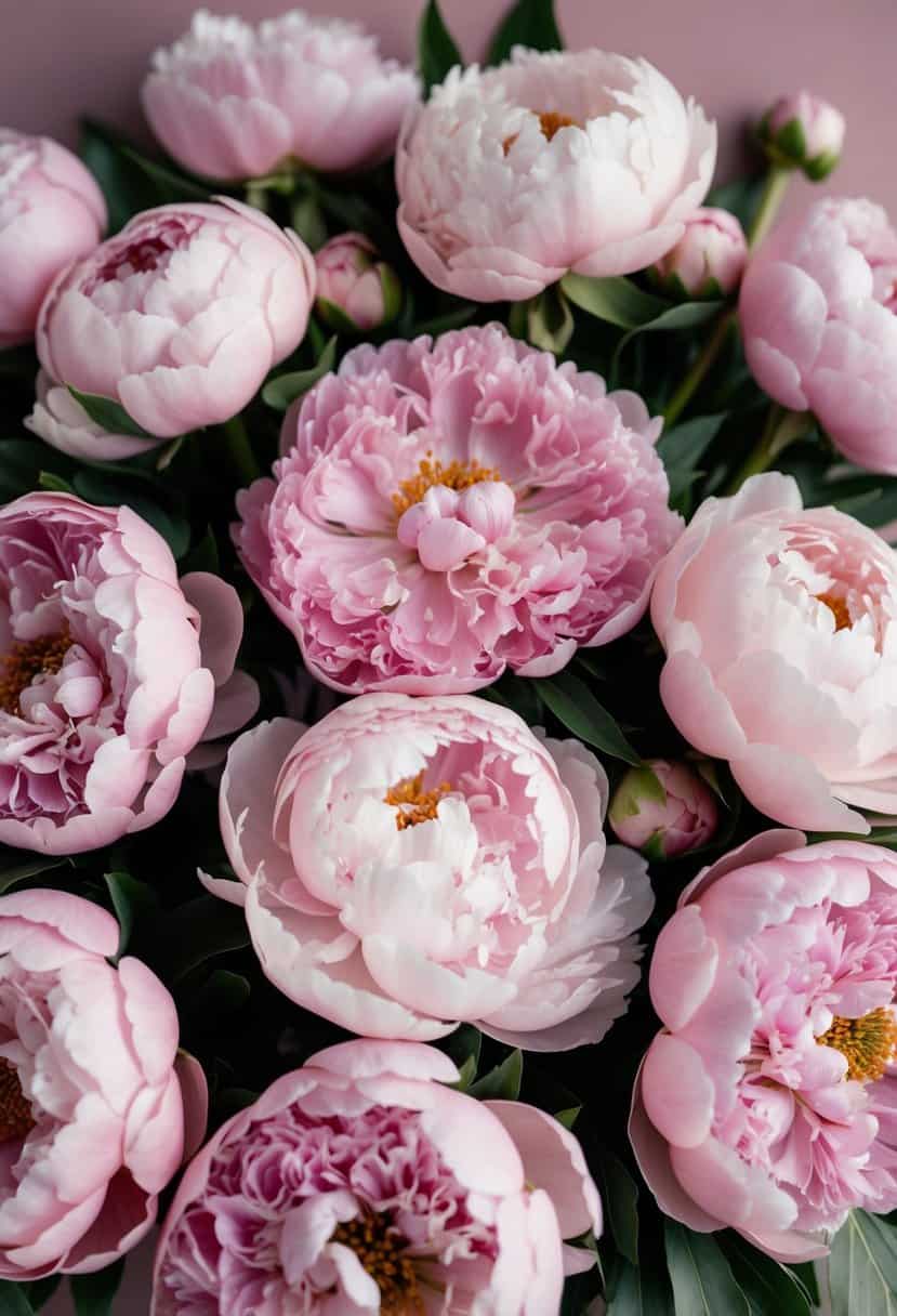 Blush pink peonies arranged in a dusty pink and mauve wedding color palette