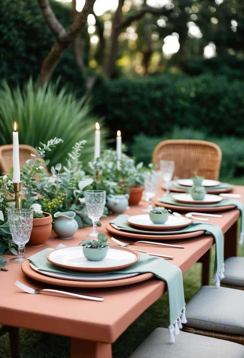A terracotta table set with sage accents, surrounded by greenery and natural light