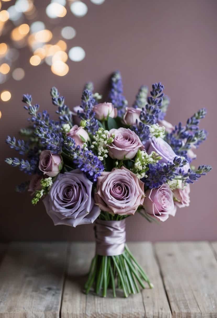 A bouquet of lavender and mauve flowers arranged in dusty pink and mauve wedding color scheme