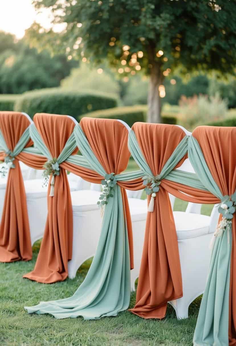 A terracotta and sage draped fabric swaying in the breeze, creating a serene and elegant atmosphere for a wedding ceremony