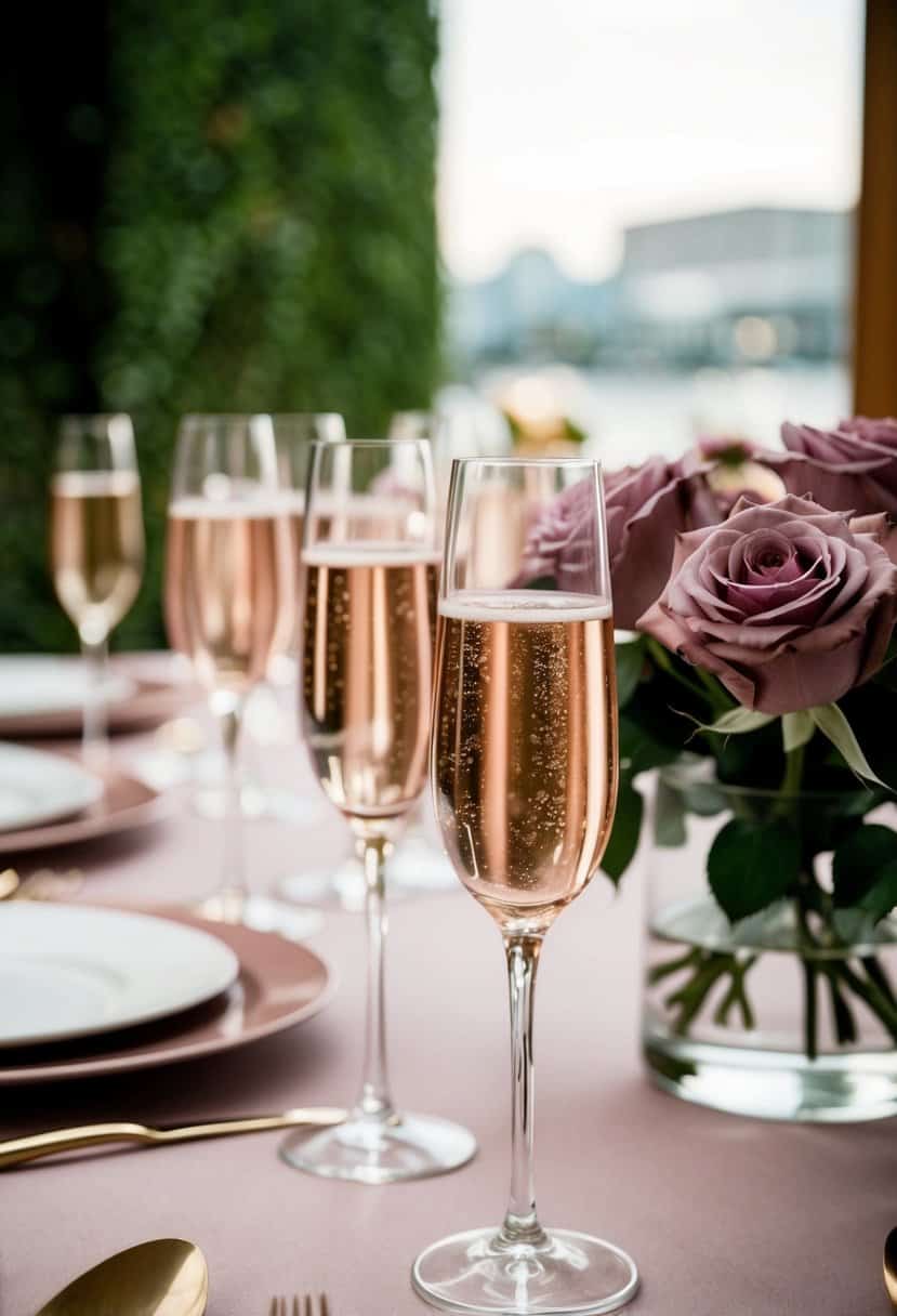 A table set with dusty pink and mauve champagne glasses and roses