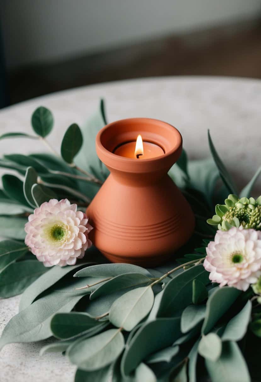 A terracotta candle holder surrounded by sage green foliage and floral accents
