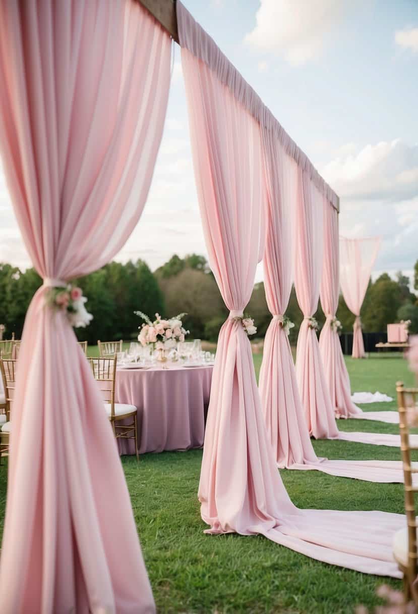 Soft pink drapes billowing in the breeze, surrounded by dusty pink and mauve wedding decor