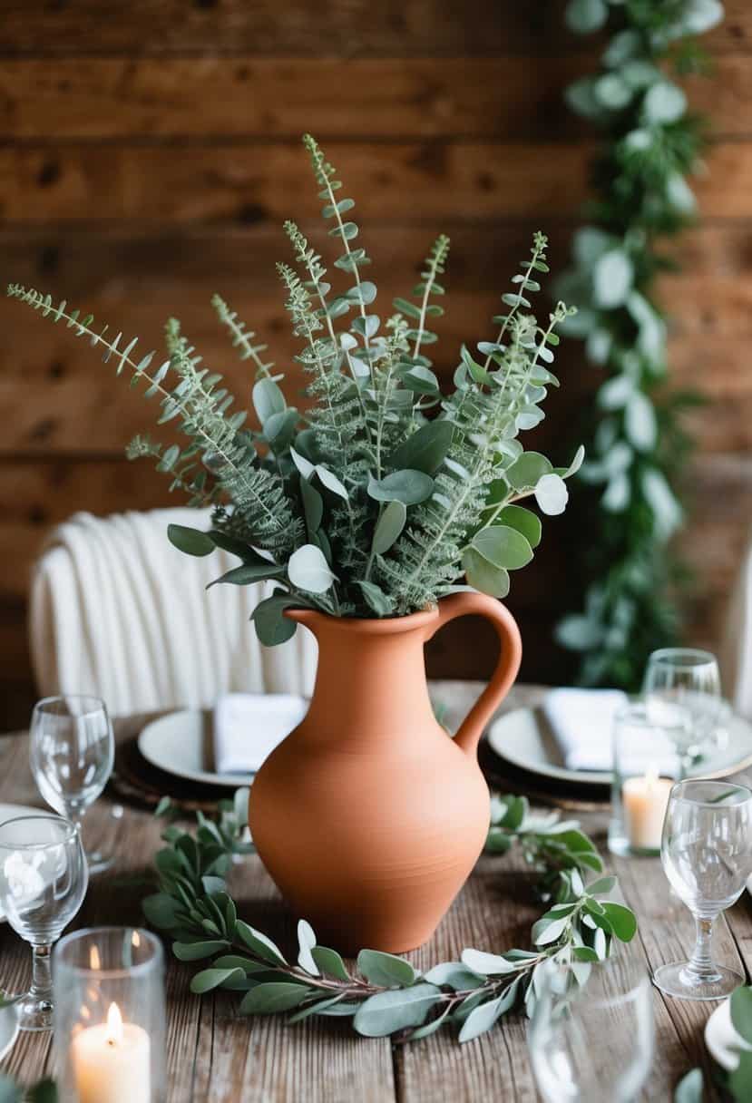 A terracotta vase filled with sage greenery garland sits on a rustic wooden table, surrounded by sage-colored wedding decor