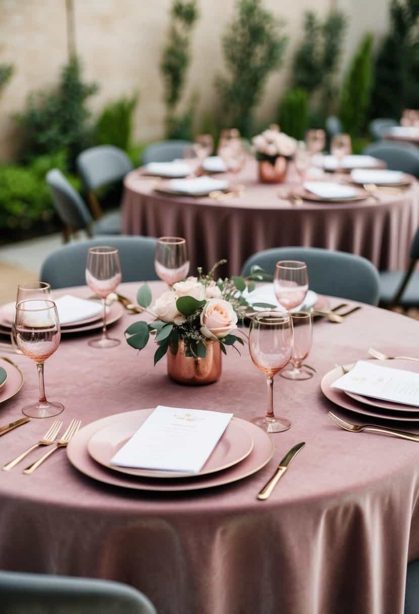 A table set with dusty pink velvet tablecloths and mauve accents