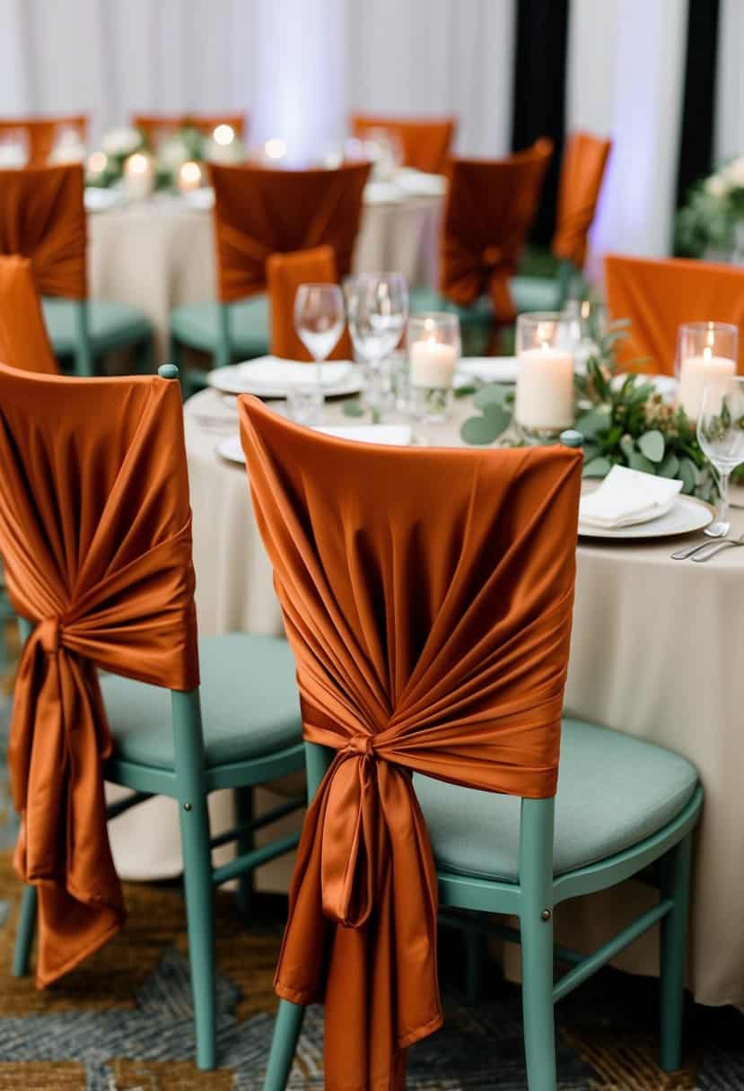 Terracotta robes draped over sage green chairs at a wedding reception