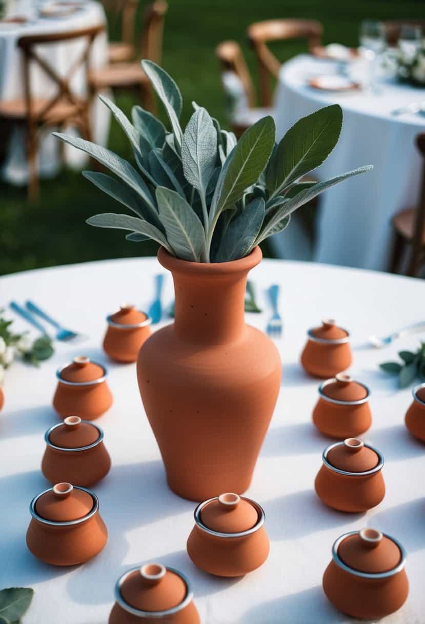A terracotta vase filled with sage leaves, surrounded by terracotta wedding favors arranged on a table