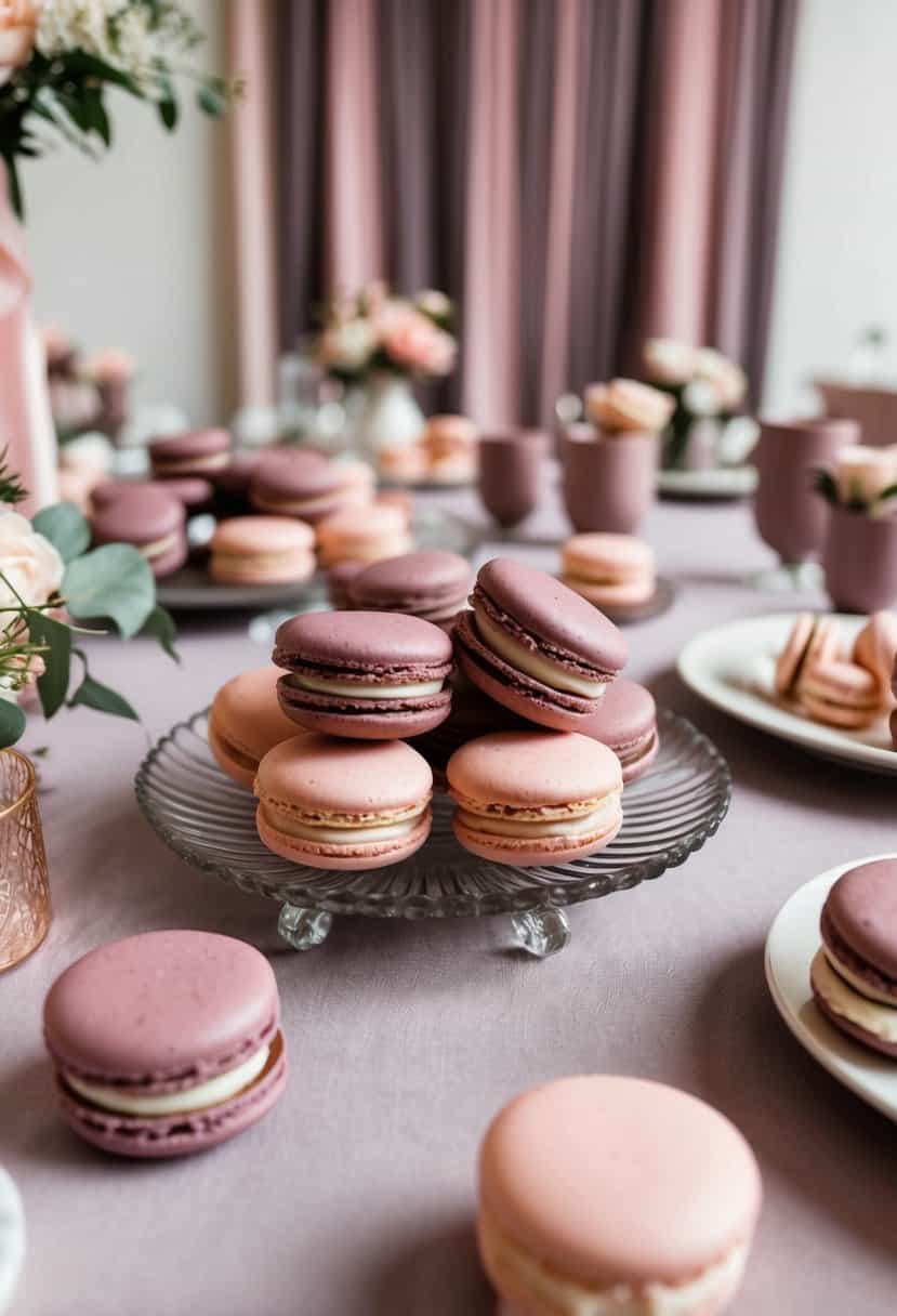A table adorned with mauve and pink macarons, surrounded by dusty pink and mauve wedding decor