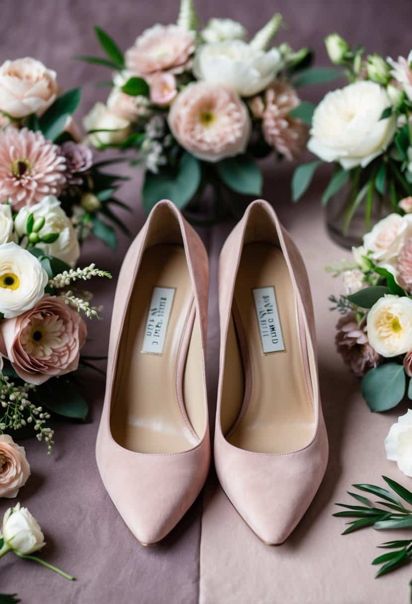 A pair of blush suede heels sits on a dusty pink and mauve wedding color palette, surrounded by delicate floral arrangements and elegant decor
