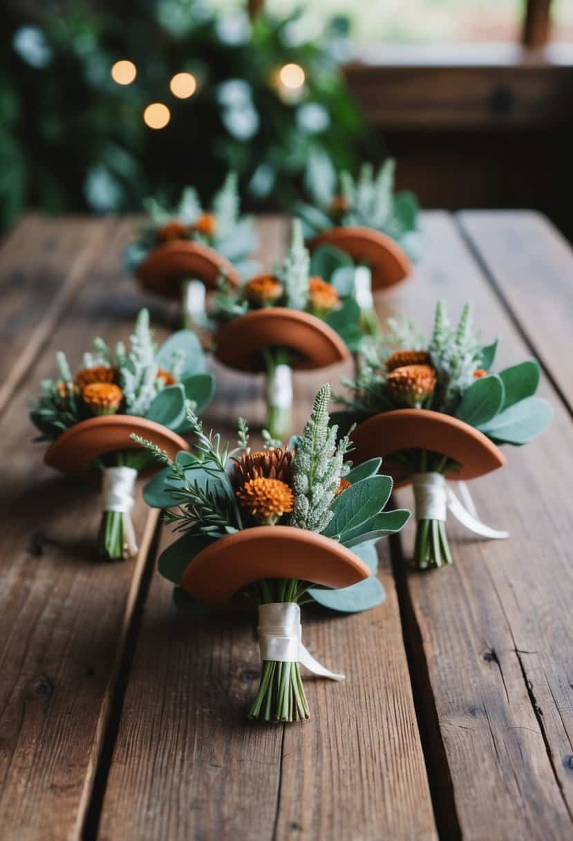 Terracotta and sage boutonnieres arranged on a rustic wooden table with greenery and soft lighting