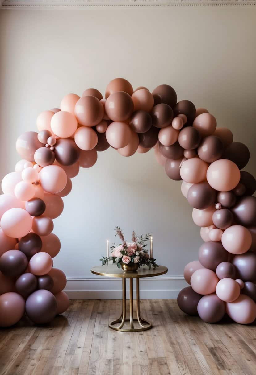 A whimsical arch of dusty pink and mauve balloons, creating a romantic and dreamy atmosphere for a wedding celebration