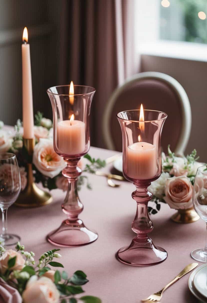 Two rose-colored glass candle holders on a dusty pink and mauve wedding table, surrounded by delicate flowers and soft candlelight