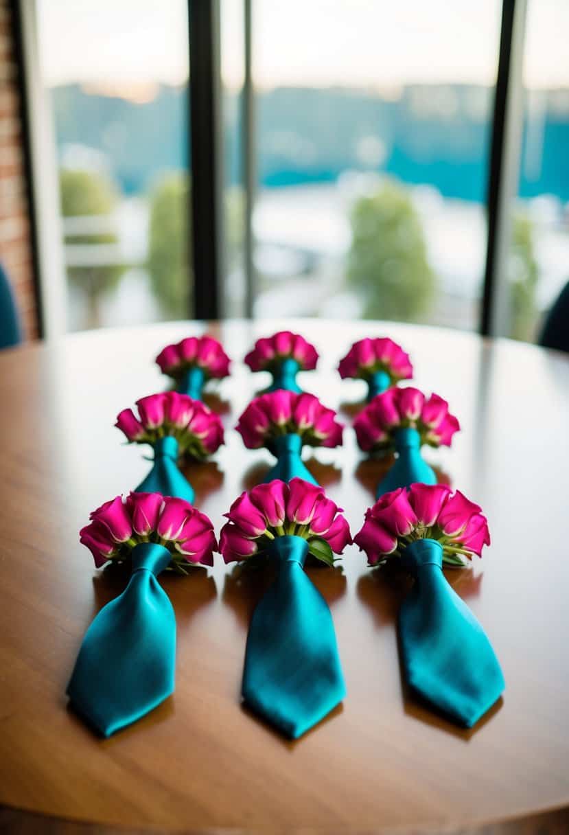 Teal ties and fuchsia boutonnieres arranged on a table