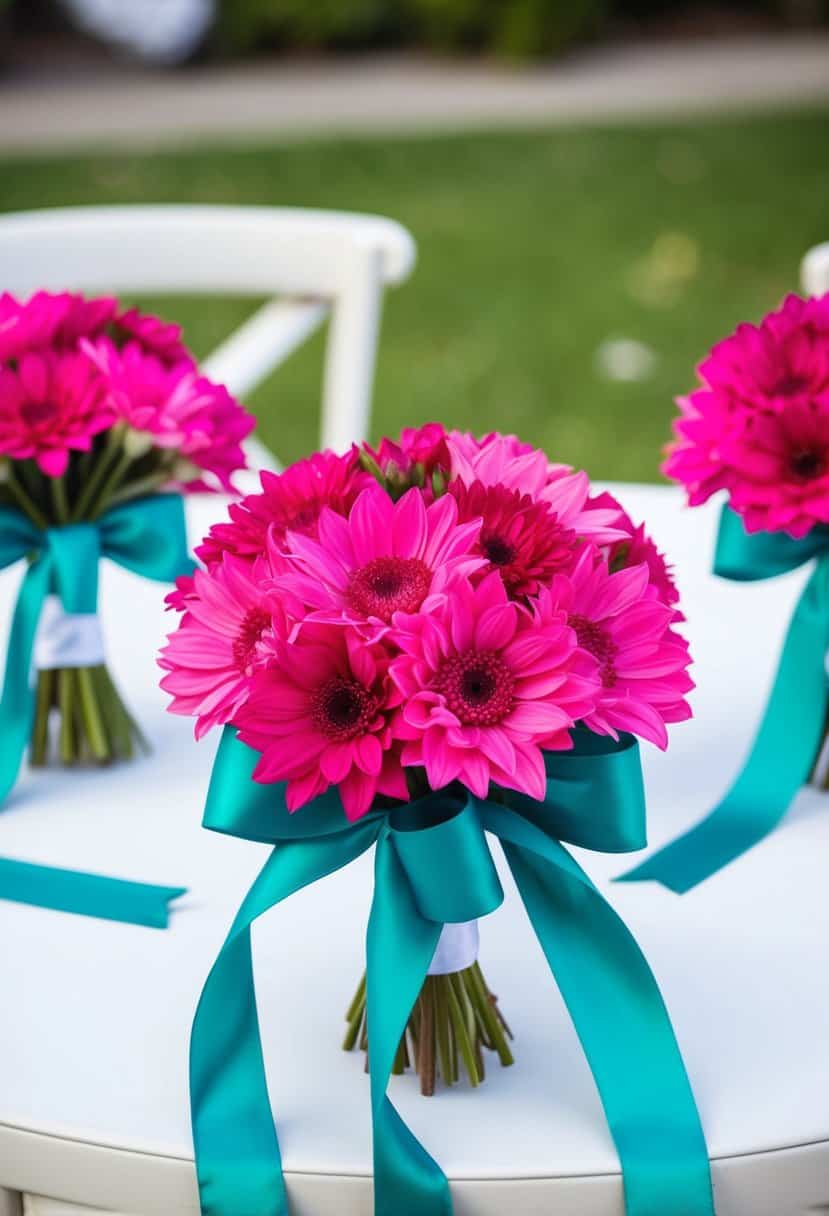Fuchsia bouquets with teal ribbons arranged in a wedding setting
