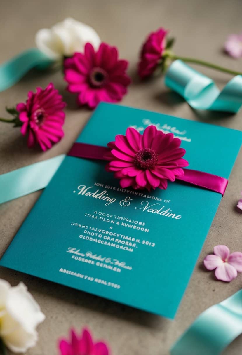 Teal wedding invitations with fuchsia flowers and ribbon accents