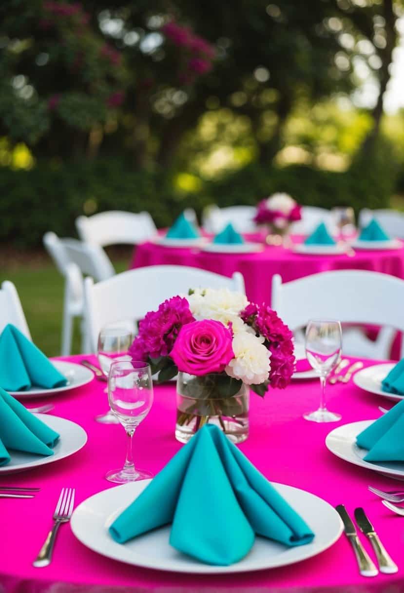 A table set with fuchsia tablecloths and teal napkins for a wedding