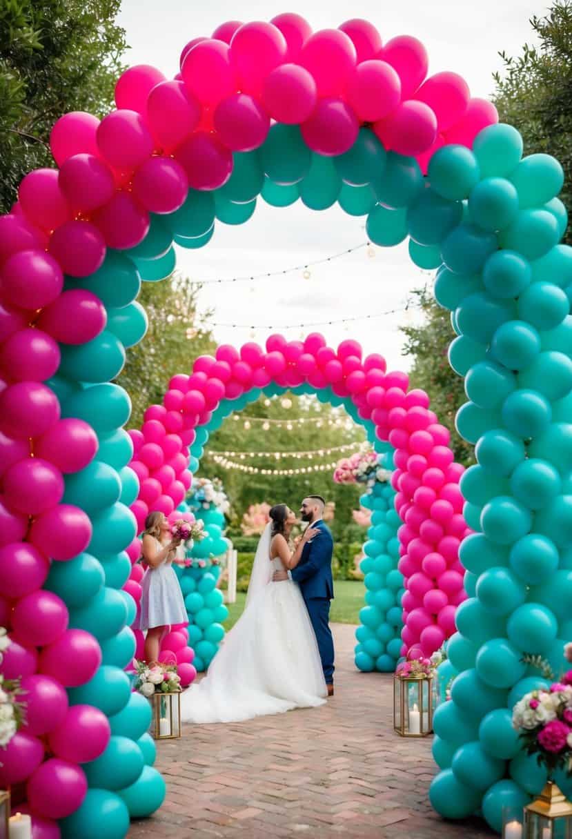 A festive balloon arch in teal and fuchsia, creating a vibrant and joyful atmosphere for a wedding celebration