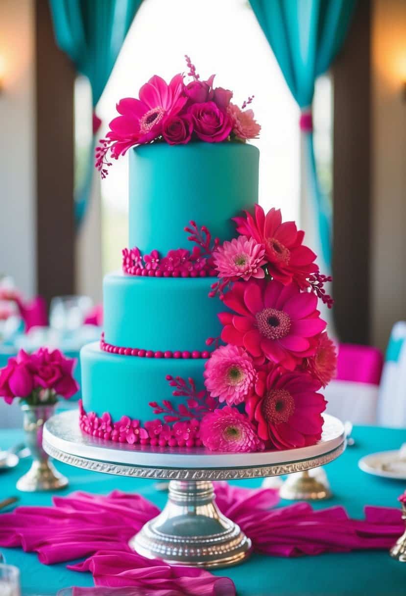 A teal wedding cake adorned with fuchsia floral decorations stands as a beautiful centerpiece at a teal and fuchsia themed wedding