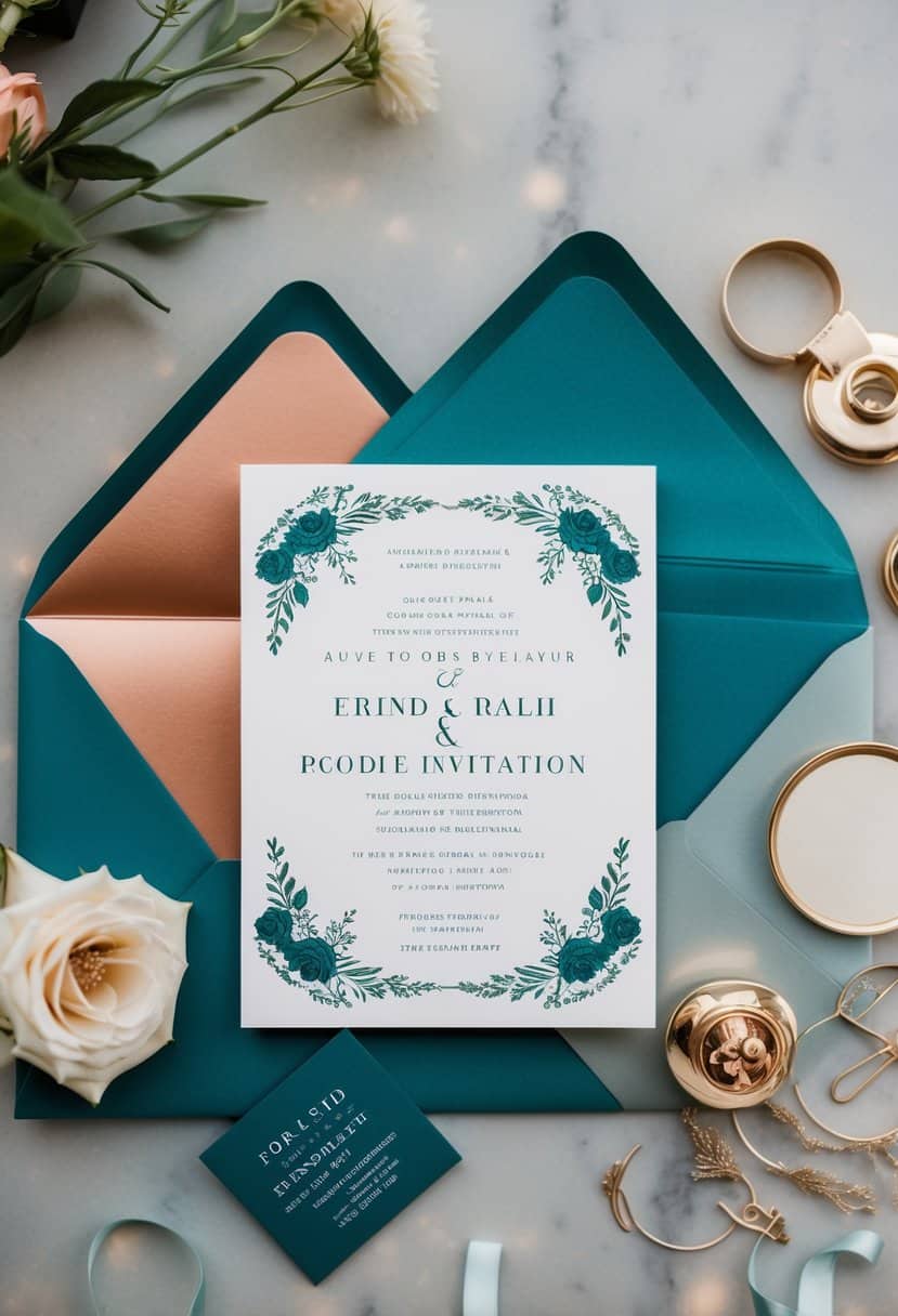 A wedding invitation suite featuring rose gold and teal colors, with elegant floral motifs and modern typography