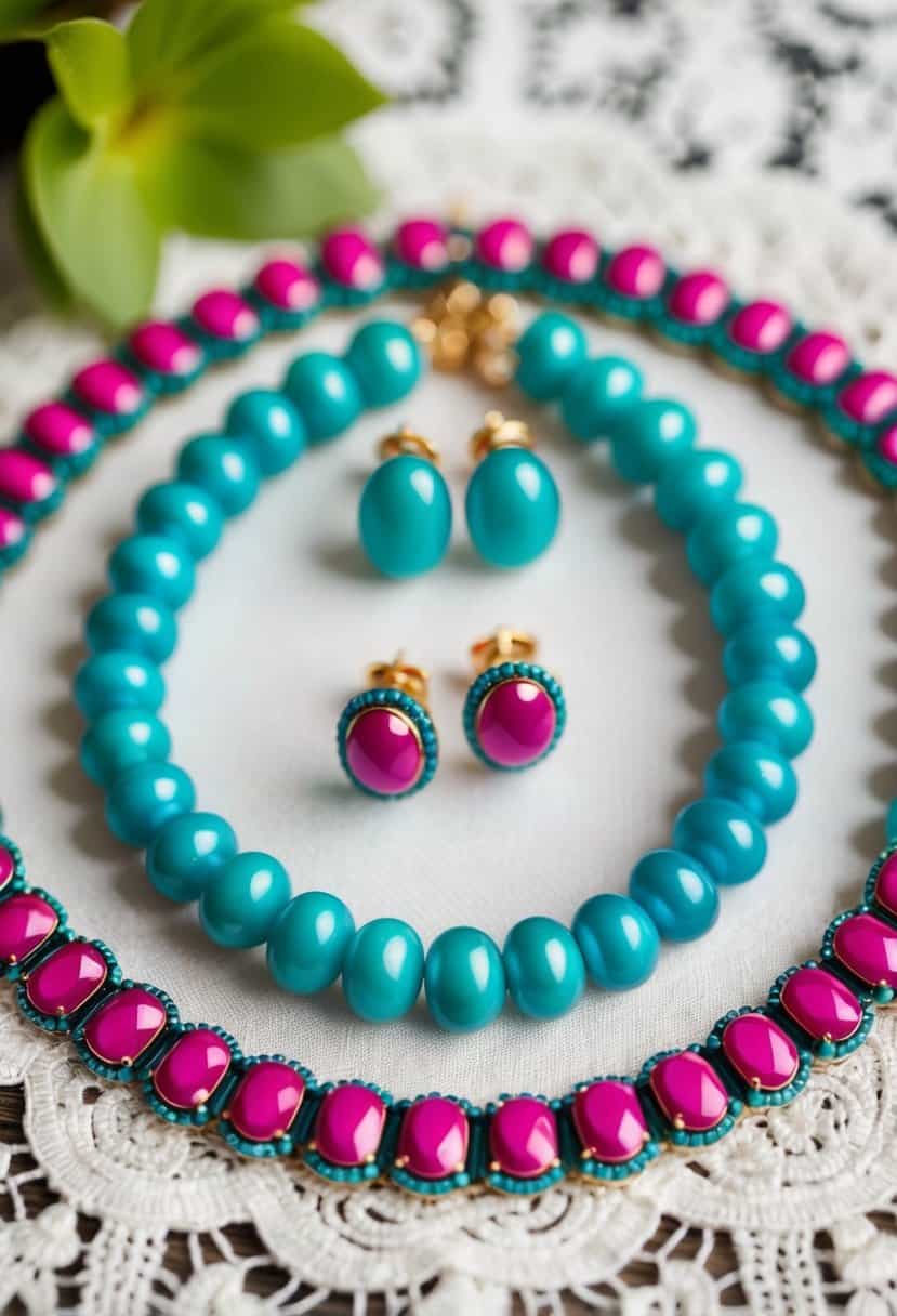 Teal jewelry set with fuchsia stones arranged on a white lace tablecloth