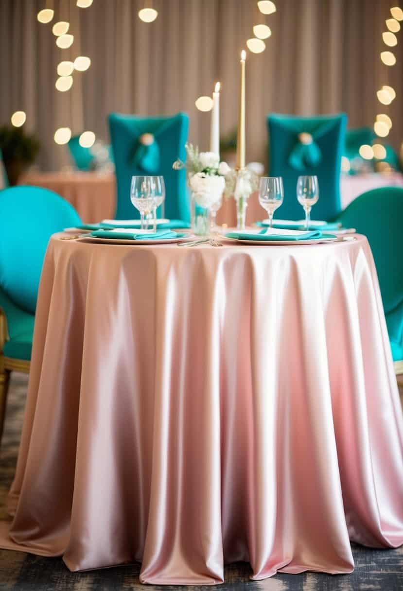 A blush rose gold tablecloth draped over a table, surrounded by teal wedding decor and accents