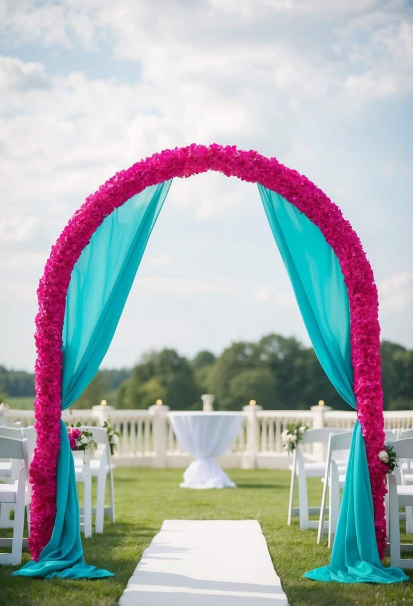 A fuchsia wedding arch adorned with teal drapes billowing in the breeze