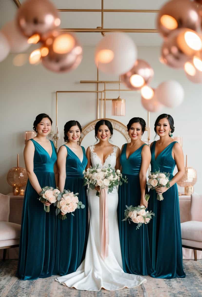 Teal velvet bridesmaid dresses arranged with rose gold wedding decor