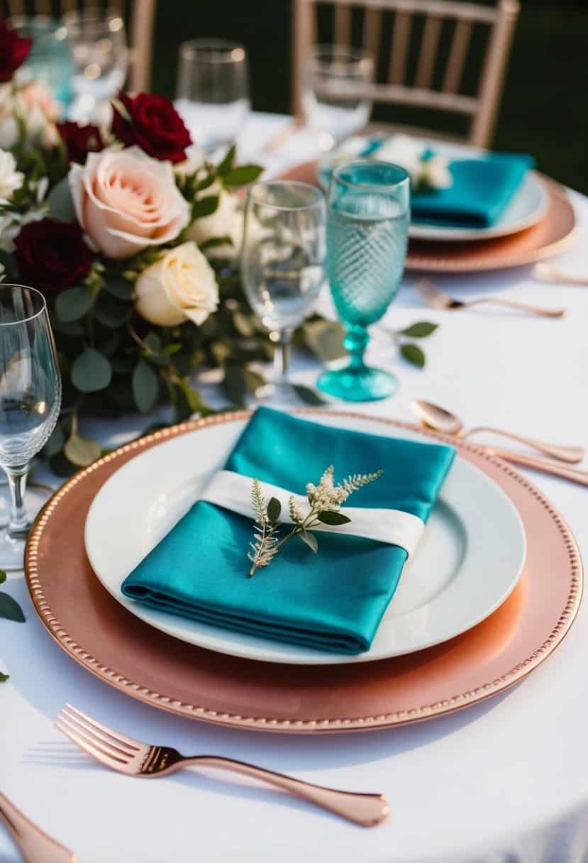 A table set with rose gold flatware and teal accents for a wedding reception