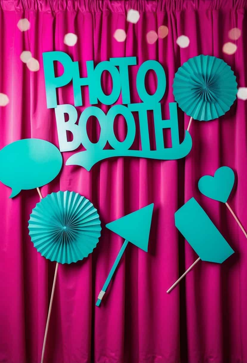 A fuchsia photo booth backdrop adorned with teal props for a wedding