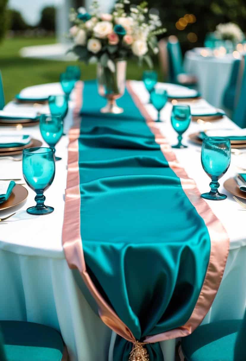 A teal silk table runner with rose gold accents draped across a table, surrounded by teal wedding decor