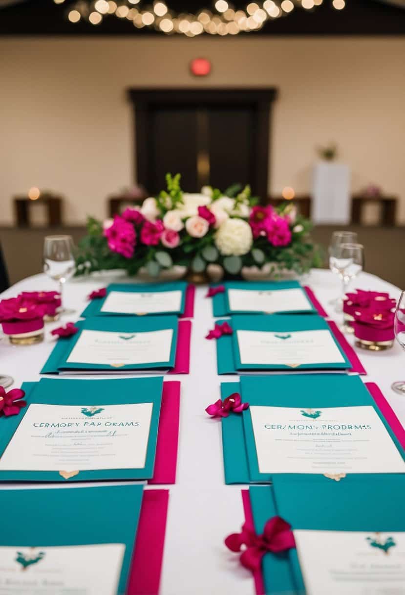 Teal and fuchsia ceremony programs arranged on a table with matching floral decorations