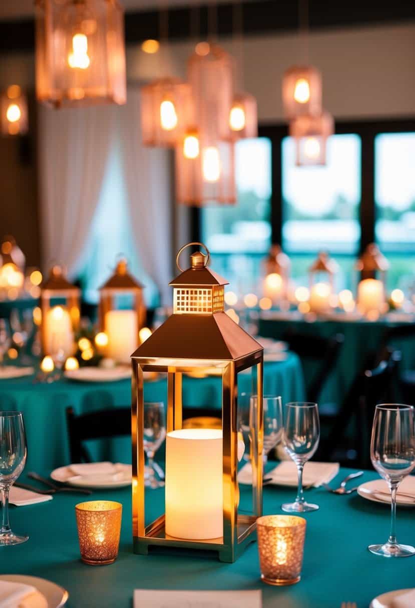 Rose gold lantern centerpieces glowing amidst teal wedding decor, casting a warm and romantic ambiance